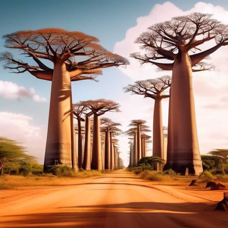 The majestic Avenue of the Baobabs in Madagascar, a breathtaking landscape of ancient, iconic baobab trees silhouetted against a vibrant sunset.