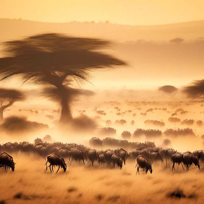 Une foule de gnous traversant la savane lors de la grande migration en Afrique de l'Est, un spectacle naturel époustouflant que le voyageur en quête d'aventure a la chance d'observer lors de son séjour de deux semaines au Kenya et en Tanzanie.