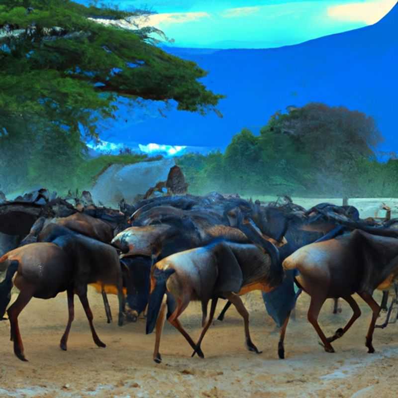 A lone traveler stands in awe amidst the thunderous spectacle of the Wildebeest Migration in Kenya/Tanzania, a winter wonderland teeming with over a million wildebeest, zebras, and antelopes embarking on their epic journey across the vast savanna.