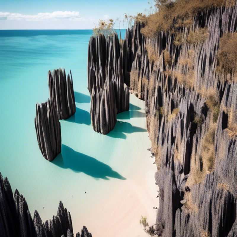 A family of intrepid adventurers, The Long-term Travelers, navigating the otherworldly limestone formations of Tsingy de Bemaraha, Madagascar, during the magical transition between summer and fall.