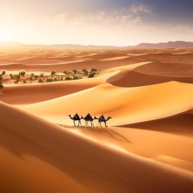 Three eco-tourist couples exploring the stunning Merzouga Dunes in Morocco, surrounded by golden sands and a breathtaking sunset, capturing the essence of adventure and sustainability during their three-week journey between winter and spring.