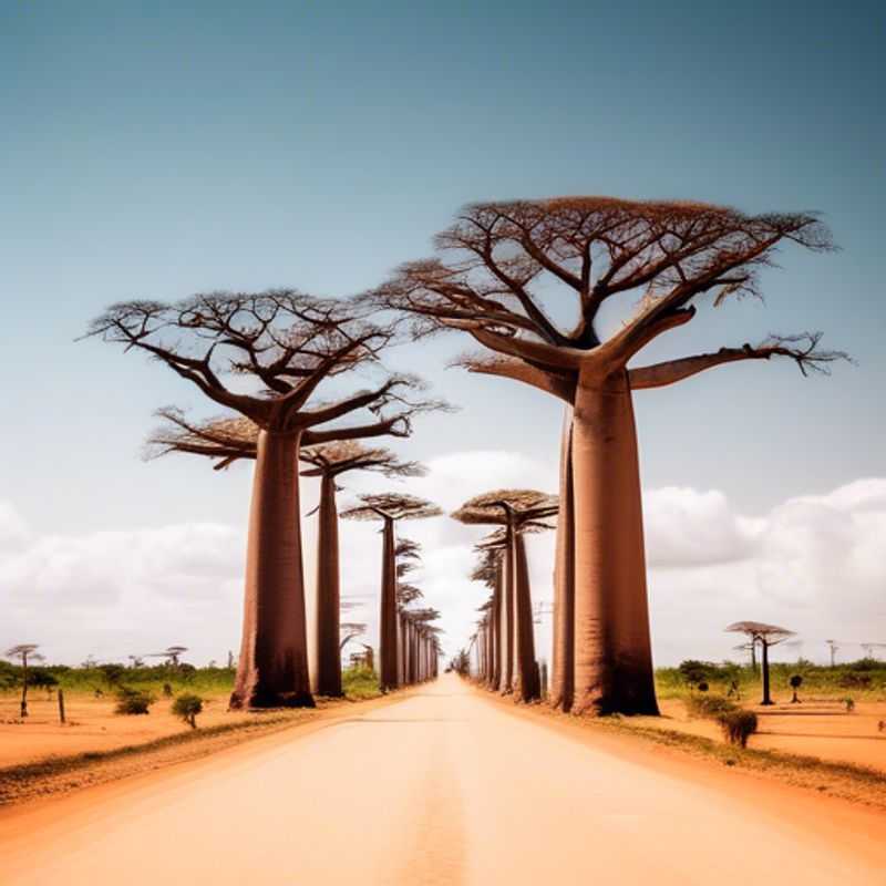The majestic Avenue of the Baobabs in Madagascar, a breathtaking landscape of ancient, iconic baobab trees silhouetted against a vibrant sunset.
