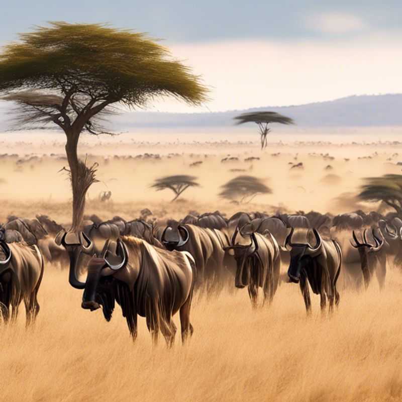 Une foule de gnous traversant la savane lors de la grande migration en Afrique de l'Est, un spectacle naturel époustouflant que le voyageur en quête d'aventure a la chance d'observer lors de son séjour de deux semaines au Kenya et en Tanzanie.